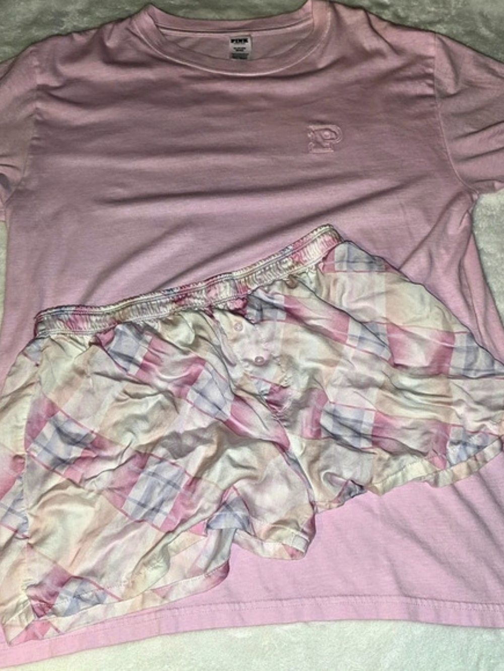 2pc Victoria's Secret PINK Embroidered Logo Tee & Plaid Sleep Shorts Set XS